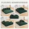 A collage of images showing a modular green sofa in various configurations, including as a sofa and as a bed. Produktbild-Vorschau