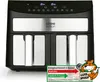 An energy efficiency label and a cartoon fox promoting savings are shown in front of a dual-chamber air fryer. Produktbild-Vorschau