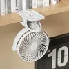 A white clip-on fan is attached to a wooden shelf, with books in the background and part of a flip clock visible. Produktbild-Vorschau