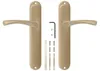 A pair of bronze door handles with their accompanying hardware, laid out on a white background. Produktbild-Vorschau