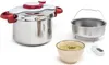 A pressure cooker, a separate pot with a handle, a bowl of soup, and a small electronic device are arranged on a white background. Produktbild-Vorschau