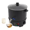 A black wax melting pot with a glass lid, a spigot, and a control panel is shown on a white background. A lit candle and a small bowl of melted wax are placed in front of the pot. Náhled obrázku produktu