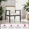 A modern armchair with cushions, surrounded by houseplants and presented with marketing text and icons at the bottom. Náhled obrázku produktu