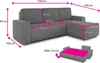 A diagram showing the dimensions of a gray sectional sofa, with a smaller inset image showing the sofa converted into a bed. Produktbild-Vorschau