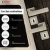 A set of door handles and accessories is displayed on a dark wooden surface, with text overlays detailing the included items. Produktbild-Vorschau