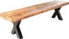 A wooden bench with black X-shaped legs, photographed against a white background. Produktbild-Vorschau