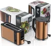 A copper-colored toaster and kettle are displayed with their packaging. Produktbild-Vorschau