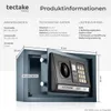 An open safe with product information and dimensions displayed around it. Produktbild-Vorschau
