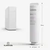 A white water filter cartridge is shown next to a white water filter system. Dimensions are indicated. Produktbild-Vorschau