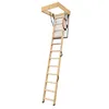 A wooden attic ladder is extended from an attic opening. Podgląd zdjęcia produktu