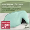 A light green sleep mask is shown with marketing text overlayed on a light green and white background. Anteprima dell’immagine prodotto