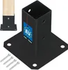 A black metal post anchor with a wooden post inserted, and three screws in the foreground, set against a white background. Podgląd zdjęcia produktu