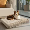 A dog is lying on a beige orthopedic dog bed in a well-lit room with a sofa and a large plant in the background. Náhľad obrázku produktu