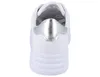 The back view of a white sneaker with a silver heel accent. Produktbild-Vorschau