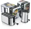 A studio shot of a silver toaster and kettle, with their packaging boxes, on a white background. Produktbild-Vorschau