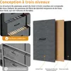 A collage of images showing a grey fabric drawer unit, its layered construction, and a close-up of its drawers. Náhľad obrázku produktu