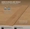 A single vinyl flooring plank is shown diagonally on a wood-grain background, with text and icons providing product specifications. Produktbild-Vorschau