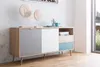 A modern sideboard with a mix of wood, gray, white, and blue finishes, standing on tapered legs. Produktbild-Vorschau