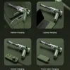 Collage of four images showing different charging methods for a portable vacuum cleaner. Produktbild-Vorschau