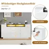 A high-gloss white sideboard with yellow illuminated compartments, displayed in a room setting with artwork on the wall. Produktbild-Vorschau