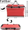 A red foldable picnic basket with dimensions shown. Produktbild-Vorschau