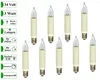 A collection of nine small candle-shaped light bulbs with beige bases and clear glass tops, arranged against a white background. Text labels on the left side provide product specifications. Produktbild-Vorschau
