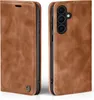 A brown leather flip case for a smartphone is shown from two angles. Produktbild-Vorschau
