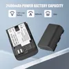 Two camera batteries are shown, one with its label visible, and a separate charger unit. Text overlays highlight the battery's capacity and specifications. Náhled obrázku produktu