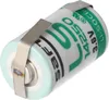 A single battery with metal clips attached. Produktbild-Vorschau