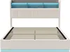 A white upholstered bed frame with a slatted base and LED lighting. Produktbild-Vorschau