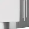 A close-up view of a modern outdoor wall lamp with a brushed metal base and a frosted glass shade, featuring decorative vertical white stripes on the metal backing. Anteprima dell’immagine prodotto