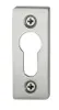 A close-up studio shot of a silver keyhole escutcheon plate with two screws. Produktbild-Vorschau