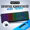 A gaming keyboard with RGB lighting and a USB dongle, along with marketing text. Produktbild-Vorschau