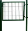 A green metal garden gate with a wire mesh infill, attached to a green post on the left and a separate green post on the right. Produktbild-Vorschau