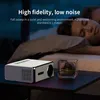 A projector is placed on a nightstand next to a sleeping person, with text overlay promoting its quiet operation. Náhled obrázku produktu