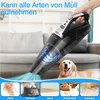 A hand holding a black and silver cordless vacuum cleaner, with a golden retriever dog in the background. The vacuum is shown with a blue swirling graphic indicating suction, and there are four small inset images at the bottom showing different types of de Produktbild-Vorschau