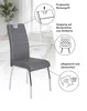 A gray faux leather dining chair with chrome legs, shown with callouts highlighting its features. Produktbild-Vorschau