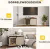 A collage showing a dog crate furniture piece used as a TV stand and as a dog bed. Náhled obrázku produktu