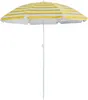 A yellow and white striped beach umbrella with a white pole, isolated on a white background. Produktbild-Vorschau