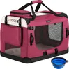 A dark red and cream colored pet carrier with mesh windows and black accents, shown with a blue collapsible bowl next to it. Náhľad obrázku produktu