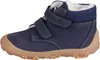 A side view of a single blue children's boot with velcro straps and a tan sole. Produktbild-Vorschau