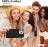 Four young adults are taking a selfie on a beach at sunset. The product is a phone case with a lanyard. Produktbild-Vorschau