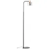 A black floor lamp with a glass shade and a wooden accent. Produktbild-Vorschau