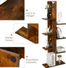 A collage of images showcasing a brown wooden bookshelf with decorative items and text highlighting its features. Náhled obrázku produktu