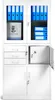 A white metal filing cabinet with glass doors, drawers, and a safe. Voir les images du produit