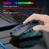 A hand is shown pressing a button on a gaming mouse, with a laptop keyboard in the background. Text overlays provide instructions on how to switch light modes. Produktbild-Vorschau