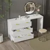 A white vanity table with drawers and a round mirror, set in a room with gray walls and wooden flooring. Produktbild-Vorschau