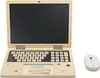 A wooden toy laptop with a chalkboard screen and keyboard, along with a toy mouse and chalk sticks, is displayed on a white background. Produktbild-Vorschau