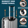 A close-up marketing image of a silver suitcase, highlighting its features with text overlays and inset images. Anteprima dell’immagine prodotto