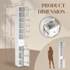 Product dimensions and a scale reference of a person next to a tall, narrow cabinet. Produktbild-Vorschau